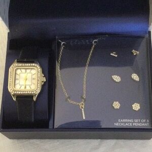 Elegant Black and Gold Watch and 3 pairs of Earrings and a Necklace